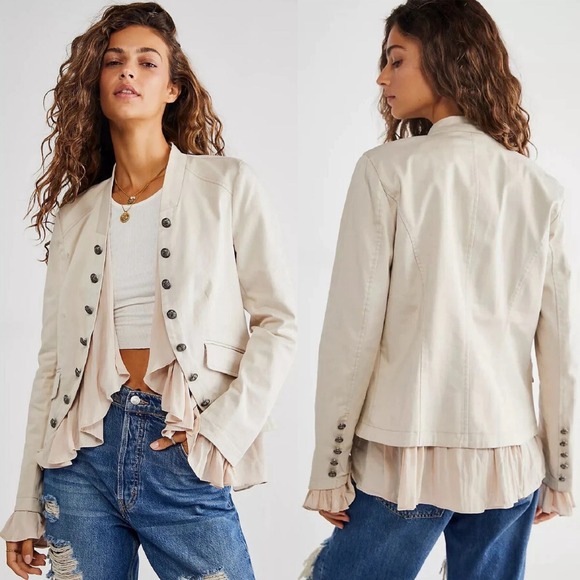 Free People Jackets & Blazers - Free People Ruffles Romance Jacket Beige Womens Sz Medium Military Overlay Boho